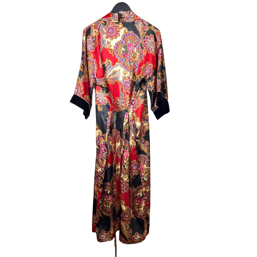 California Dynasty Robe Womens OS Red Paisley Satin Belted Loungewear Vintage - Picture 2 of 7